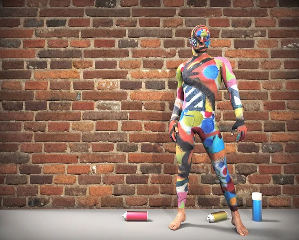 Body painting with spray cans and brick wall background — Stock Photo, Image