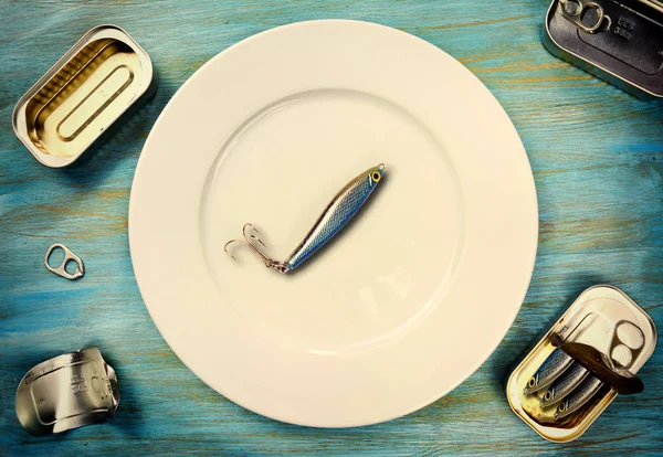 Artificial lure sardines on the plate — Stock Photo, Image