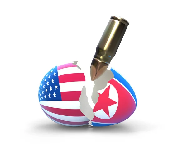 Zerbrochenes Ei, Krieg zwischen Amerika und Nordkorea, weißer Hintergrund — Stockfoto