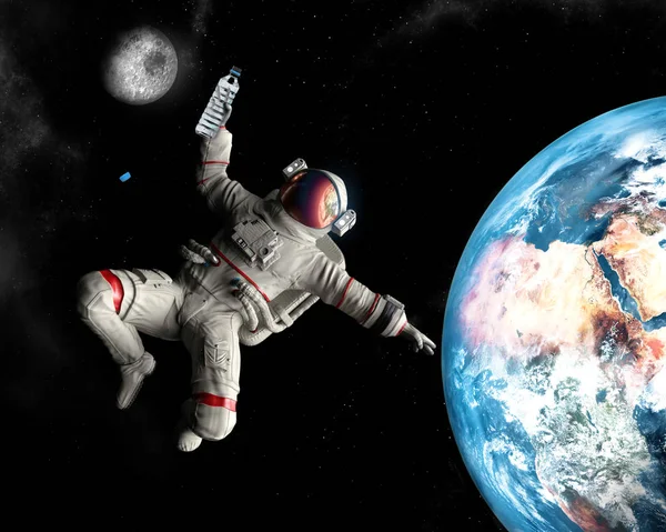 Astronaut Met Flesje Water Ruimte Ontdekking Van Water Maan — Stockfoto