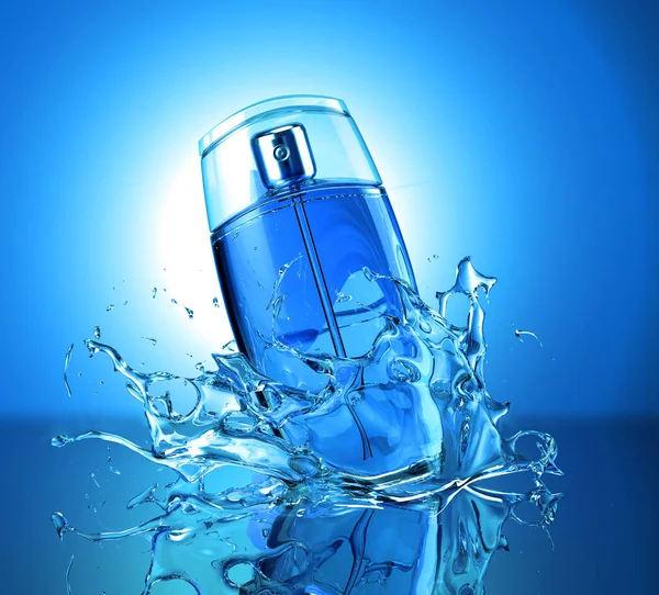 Butelka Produktem Skórę Kosmetyk Płyn Twarzy Ciała Plusk Niebieskie Tło — Zdjęcie stockowe