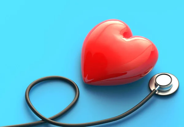 Examen de salud con corazón rojo y estetoscopio sobre fondo azul —  Fotos de Stock
