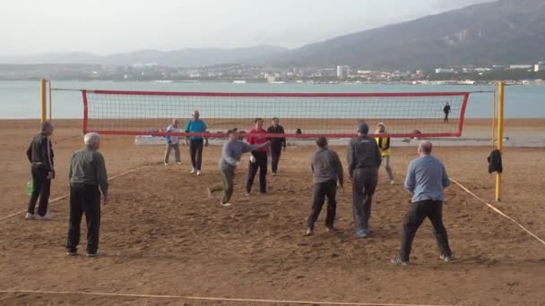 Senioren spielen am Strand Volleyball — Stockvideo