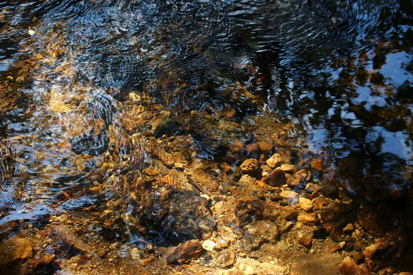 Vista Água Riacho Com Belo Fundo Rochoso Águas Rasas — Fotografia de Stock