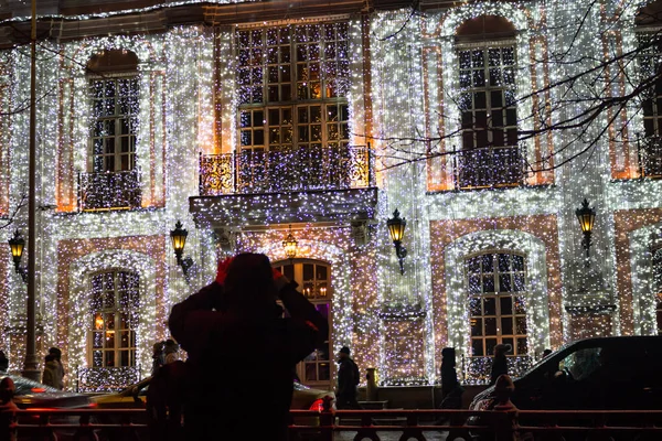 Moscow Russia January 2020 Beautiful Christmas Decoration Facade Restaurant Pushkin — 스톡 사진