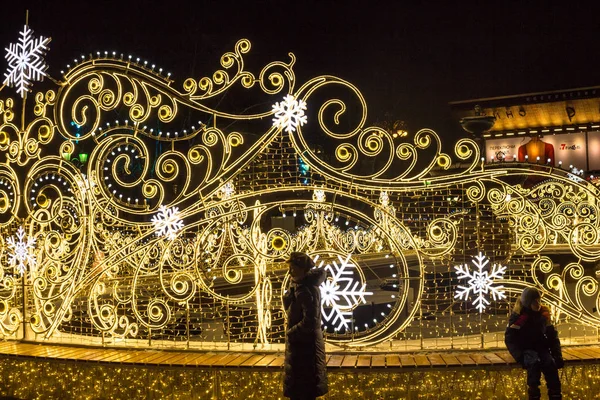 Moscou Rússia Janeiro 2020 Iluminação Rua Fonte Praça Pushkin Moscou — Fotografia de Stock