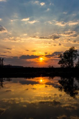 Suyun üzerindeki bulutların ardında renkli günbatımı, dikey görünüm