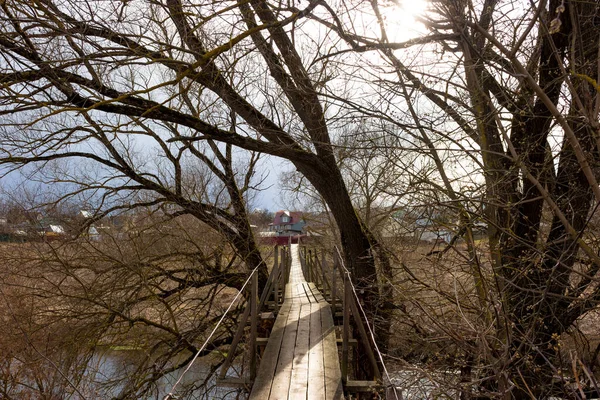 Houten Voetgangersbrug Tussen Bomen Het Platteland — Stockfoto