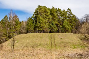 Orman bölgesinde tepesi olan bir manzara. Ichinskoe (Ichskoe, Altukhovskoe) Icha Nehri 'ndeki antik yerleşim yeri. Zhukovsky Bölgesi, Zhukovskiy Bölgesi, Rusya - Nisan 2020