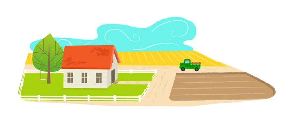 Campos agrícolas y una granja — Vector de stock