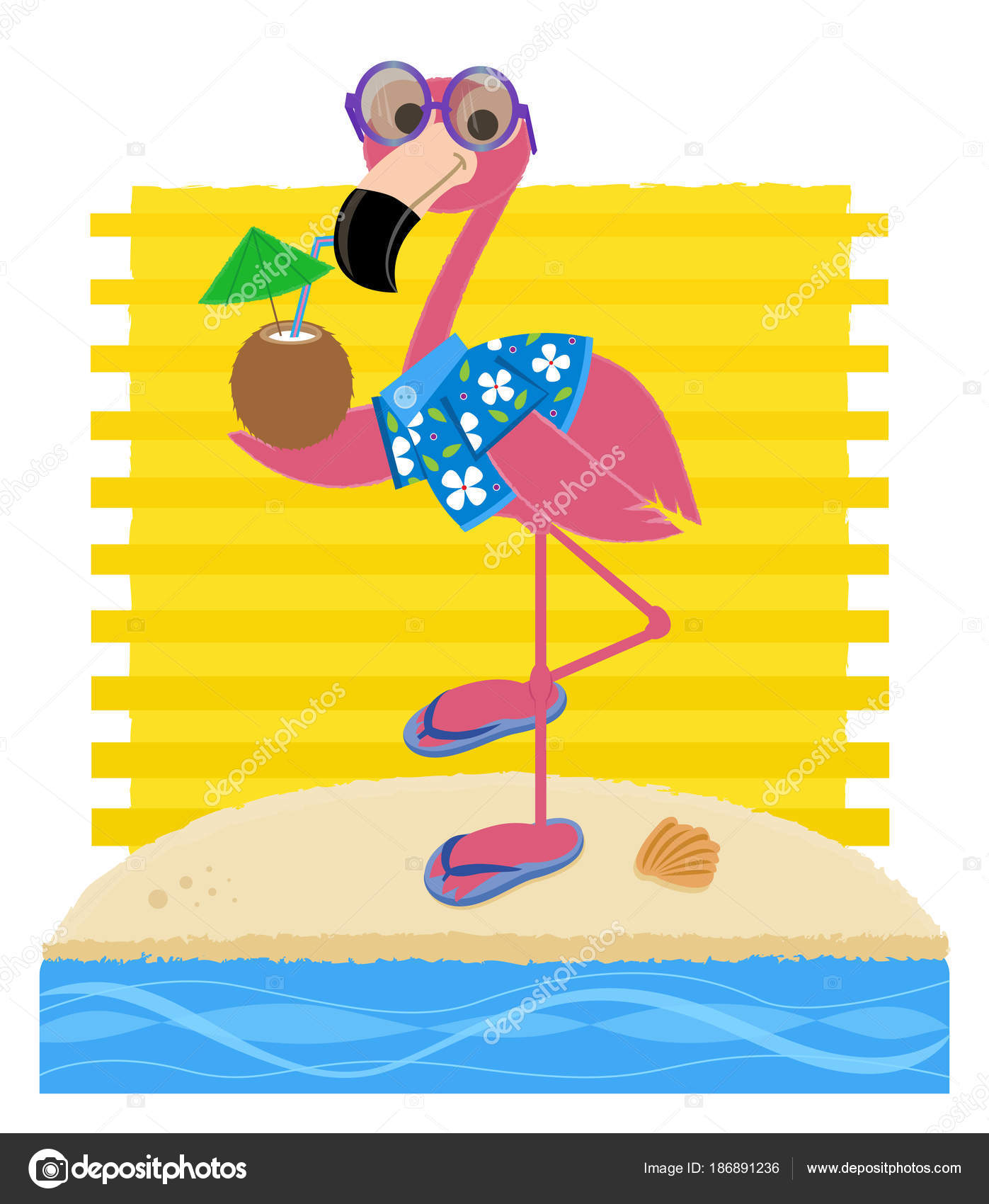 Flamenco Playa Flamingo Usar Gafas Sol Chanclas Camisa Hawaiana Sosteniendo â€” Archivo ImÃ¡genes Vectoriales