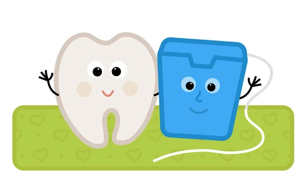 Zahnseide Und Zahn Niedliche Clip Art Eines Glücklichen Zahnes Und — Stockvektor