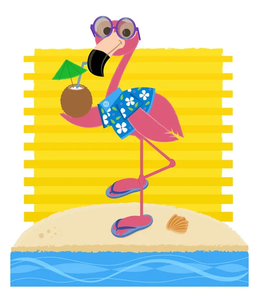 Flamingo Beach Flamingo Napszemüveget Visel Hawaii Ing Flipflops Tartja Kókusz — Stock Vector