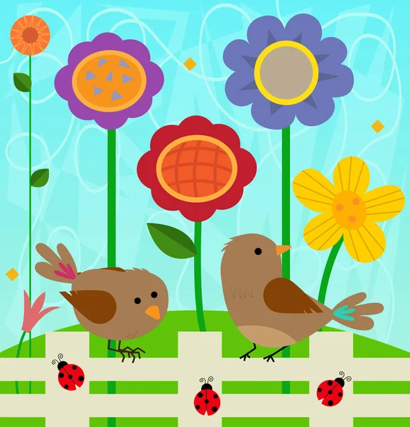Λουλούδια και πουλιά — Διανυσματικό Αρχείο