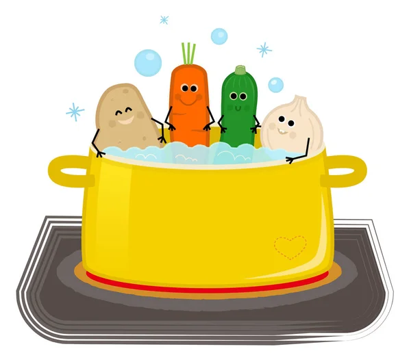 野菜スパ かわいい野菜のグループは 沸騰したお湯に座っています Eps10 — ストックベクタ