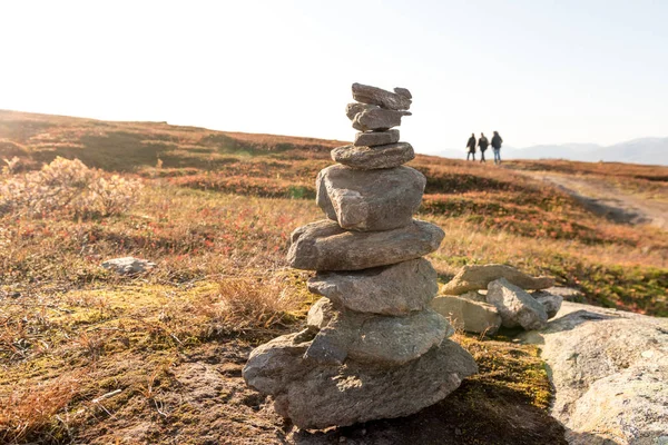 Stack av oregelbunden natursten i gräsmark med människor i ba Stockfoto