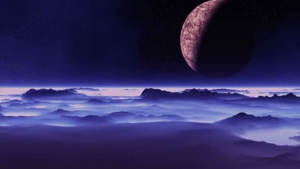 Der Mond fliegt über einen fremden Planeten — Stockvideo