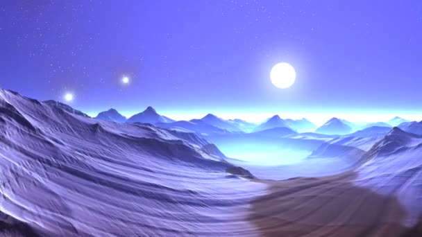 Des étoiles brillantes et des ovnis sur des montagnes enneigées. Sur le ciel sombre soleil brillant dans un halo et OVNI volant lentement. Les montagnes sont couvertes de neige. Dans les basses terres et à l'horizon une épaisse brume blanche .