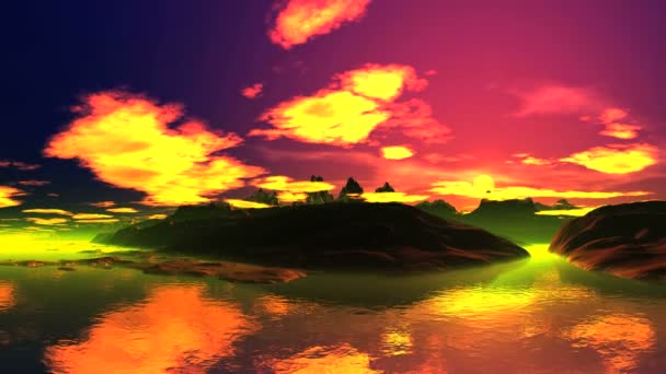 Beautiful Sunrise Island Yellow Clouds Pink Sky Reflected Water Shore — Stock Video