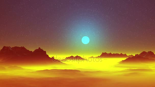 Paysage extraterrestre surréaliste. Dans le ciel étoilé sombre, le soleil bleu est dans un halo. Les sommets montagneux se dressent au-dessus d'un épais brouillard jaune vif. Sous elle se trouvent des collines et des lacs visibles .