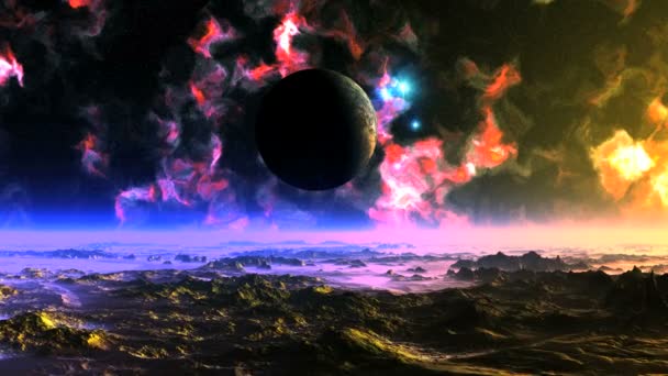 Ovni Voa Torno Planeta Alienígena Objetos Luminosos Azuis Brilhantes Voam — Vídeo de Stock
