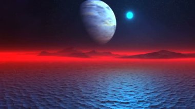 Buz Çölü yabancı gezegende. Bir karanlık yıldızlı gökyüzü büyük gezegen (uydu) ve mavi güneş üzerinde. Onları altında okyanus buzla kaplı. Dağlık ada ve ufuk kalın kırmızı parlayan sis ile kaplıdır.