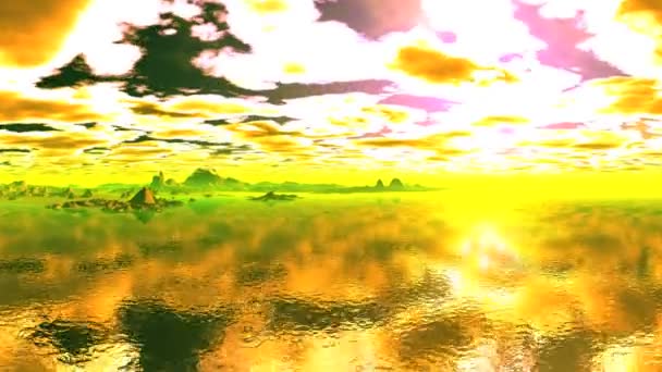 Golden Dawn Reflecting Water Thick Clouds Colored Bright Yellow Light — Stock Video