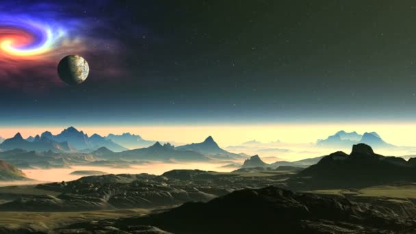 La Nébuleuse et la Lune au-dessus de la Planète Alien. Dans le ciel nocturne sombre belle nébuleuse, lune et soleil dans un halo. Montagnes et vallées éclairées par une lumière brillante et ensoleillée. Horizon et basses terres sont couvertes d'une épaisse brume lumineuse .