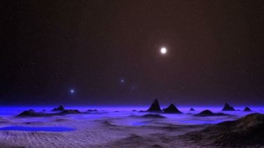 UFO uzaylı gezegenine üzerinde. Parlak parlayan nesneleri hızlı bir şekilde sis ufuk yüzünden çıkar. Bir karanlık yıldızlı gökyüzü parlak güneş. Sandy manzara, küçük göller, tepeler ve kayalar kalın mor sis ile kaplıdır.