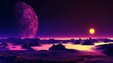 Bir uzaylı gezegeninde Dawning var. Parlak sarı güneşin puslu ufuk hızla yükselir. Büyük gezegen (uydu) yavaş yavaş bir karanlık yıldızlı gökyüzü üzerinde döner. Keskin kayalara, çöl yatay kırmızı ışık boğulmuş. İçinde aşağılarda bir kalın beyaz parlayan sis.