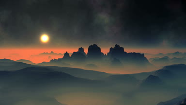 Günbatımı ve bulutsu. Parlak güneşin altında altın bir hale yavaş yavaş bir arka plan darkstarry gökyüzü ve büyük bir bulutsu üzerinde ufuk doğru taşır. Dağlar arasında kalın turuncu sis vardır.