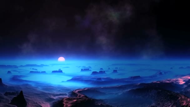 Голубой Закат Планете Пришельцев Скалистая Пустыня Покрытая Густым Синим Туманом — стоковое видео