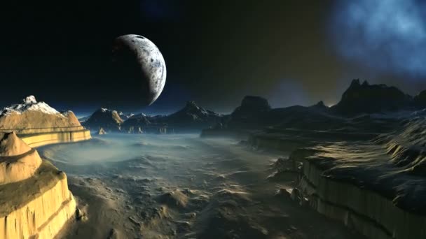 Dawn Alien Planet Dessus Gorge Brumeuse Trouve Une Grande Planète — Video