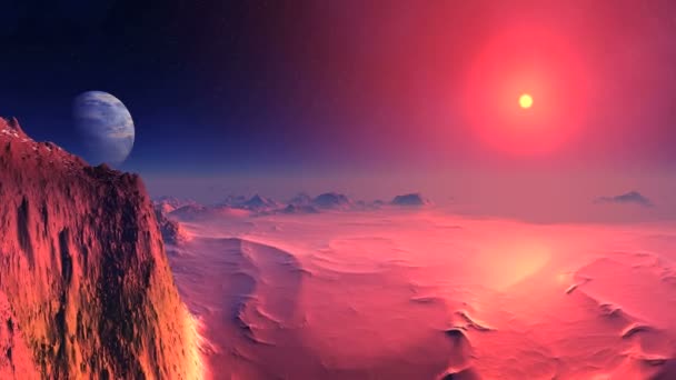 Coucher de soleil sanglant sur Alien Planet. Dans le ciel étoilé sombre une grande planète. Le soleil rouge vif se couche derrière un horizon brumeux, colorant le paysage du désert rocheux dans des tons rouge sang .