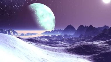 Uzaylı ay yıldız gökyüzünde. Parlak güneşin çöl Dağ manzarası aydınlatır. Ufuk kalın bir sis var. Penumbra büyük moon. 