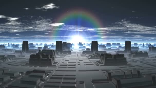Rainbow Sunrise dans la ville extraterrestre. Les rues de la ville extraterrestre sont inondées de lumière vive. Le soleil brillant dans le halo irisé se lève au-dessus de l'horizon brumeux. Des nuages blancs flottent dans le ciel .