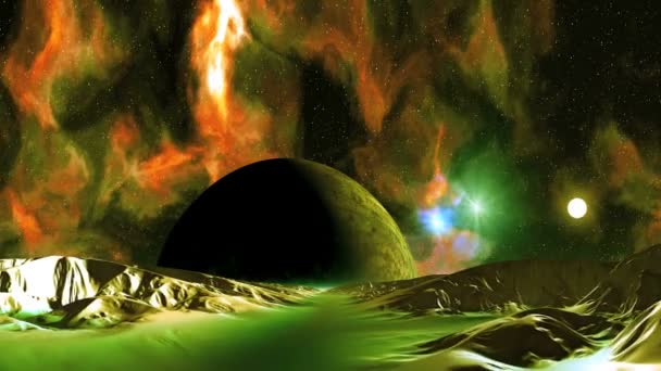 Ufo Främmande Planet Och Solnedgången Stjärnhimlen Ljusa Nebulosor Stor Planet — Stockvideo