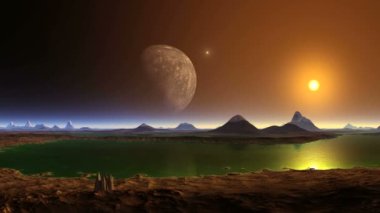 Ufo ve Big Moon. Dev aydan parlak bir nesne (Ufo) uçar. Puslu ufukta, sarı bir ışık halkası içinde batan güneş. Dağlar göllerin arasındadır. Suda, ayın ve güneşin yansıması.