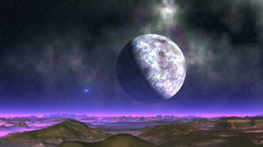 Mavi Ufos Dansı. Karanlık yıldızlı gökyüzünde, büyük bir nebula ve gezegen. Uzayın derinliklerinden parlak mavi nesneler (Ufos) belirir ve yabancı bir gezegenin ıssız arazisinde daireler çizer..
