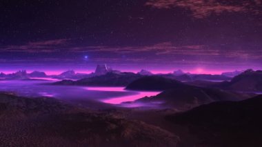 Kasvetli Gezegen ve Ufos Dağları, nehirler, ufuklar yoğun leylak sisi ile kaplıdır. Parlak mavi nesneler (UFO 'lar) manzaranın üzerinde uçar. Koyu yıldızlı gökyüzü yüzen bulutlar. Parlak güneş doğuyor.