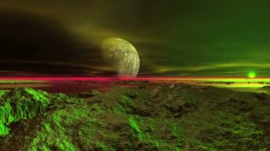Colorful Sunrise on an Alien Planet. In the dark starry sky, a large moon and rare clouds. A bright sun slowly rises over the foggy horizon. Rocky islands reflect sunlight. In the water reflects the moon and the sun.