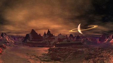 Gizemli bir uzaylı gezegeninde gün doğumu. Dağlar ve tepeler karla kaplıdır. Ufuk gezegeninin yukarısında Satürn 'e benzer. Koyu yıldızlı bir gökyüzünde yavaşça süzülen bulutlar. Parlak turuncu güneş dağların ardından yükseliyor..