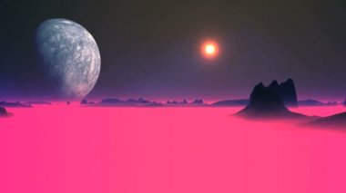 Uzaylı Günbatımı. Koyu pembe kayalar arasında. Ufkun üzerinde büyük bir gezegen var. Karanlık yıldızlı gökyüzünde, parlak güneş batıyor..  