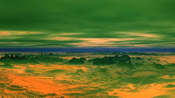 Coucher de soleil et nuages extraterrestres. Des nuages épais planent sur le désert rocheux. Un soleil jaune vif se couche au-dessus des nuages. Sur le ciel sombre étoiles brillantes et nébuleuse . 