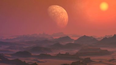 Misty Alien Gezegeni. Kayalık çöl kalın pembe sis ile kaplıdır. Dev bir gezegen (ay) yavaşça yaklaşıyor. Parlak sarı güneş yavaşça batar. 