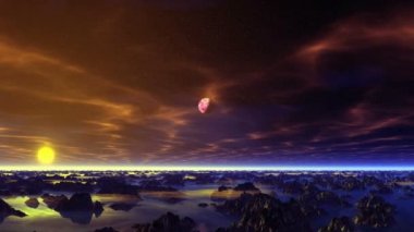 Felaket yaklaşıyor. Uzayın derinliklerinden büyük bir gezegen uçuyor. Mor yıldızlı gökyüzünde yüzen bulutlar, parlak sarı bir güneş yükseliyor. Kayalar suyun içinde..