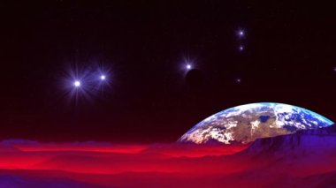 Uzayın derinliklerinden gelen sinekler gezegeni. Karanlık gökyüzünde, parlak mavi yıldızlar. Uzayın derinliklerinden bir gezegen beliriyor. Mavi dağlar ve tepeler kızıl sislerin arasında duruyor. Ufkun üzerinde büyük mavi bir gezegen var..