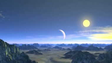 Bulutlardaki Uzaylı Mavi Ay. Mavi gökyüzündeki dağların ve vadilerin üzerinde, gezegen kısmi gölgede. Güneş parlıyor, hızla süzülen bulutlar..