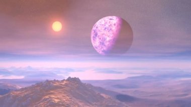 Uzaylı Gezegeni 'nde renkli günbatımı. Dağlar, tepeler ve ovalar sisle kaplıdır. Karanlık, yıldızlı bir gökyüzünde büyük bir gezegende. Parlak güneş batar, peyzajı boyar leylaktan sarıya.