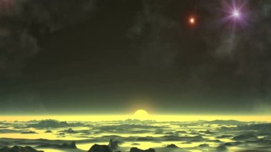 Kayan Yıldız ve Kara Ay kara yıldızlı gökyüzünde iki parlak yıldız, bir nebula ve bir kara ay vardır. Bir yıldız (UFO) hızla düşer. Puslu ufukta parlak güneş başka bir gezegenin çöl manzarasını aydınlatıyor..